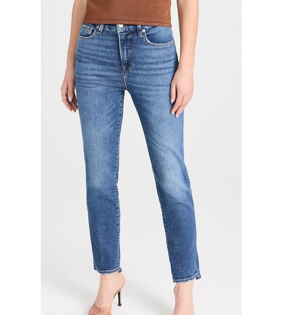 Good American Good Boy Crop Baby Step Hem Jeans Medium Wash Blue Women Size 22